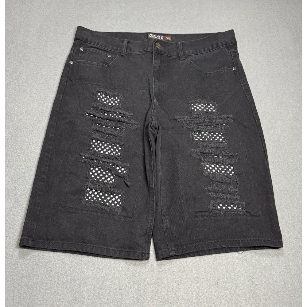 GS-115 Distressed Denim Shorts Mens 38 Black Star Patchwork 13" Inseam Y2K